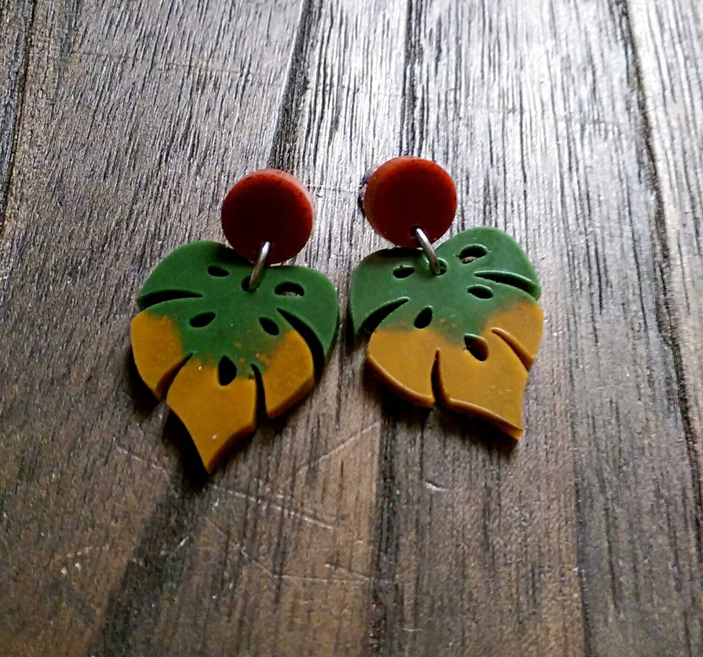 Monstera Leaf Resin Earrings, Green Rusty Red Mustard Resin Earrings, Autumn Leaf Colours, Stainless Steel Earrings, Statement Leaf Earrings
