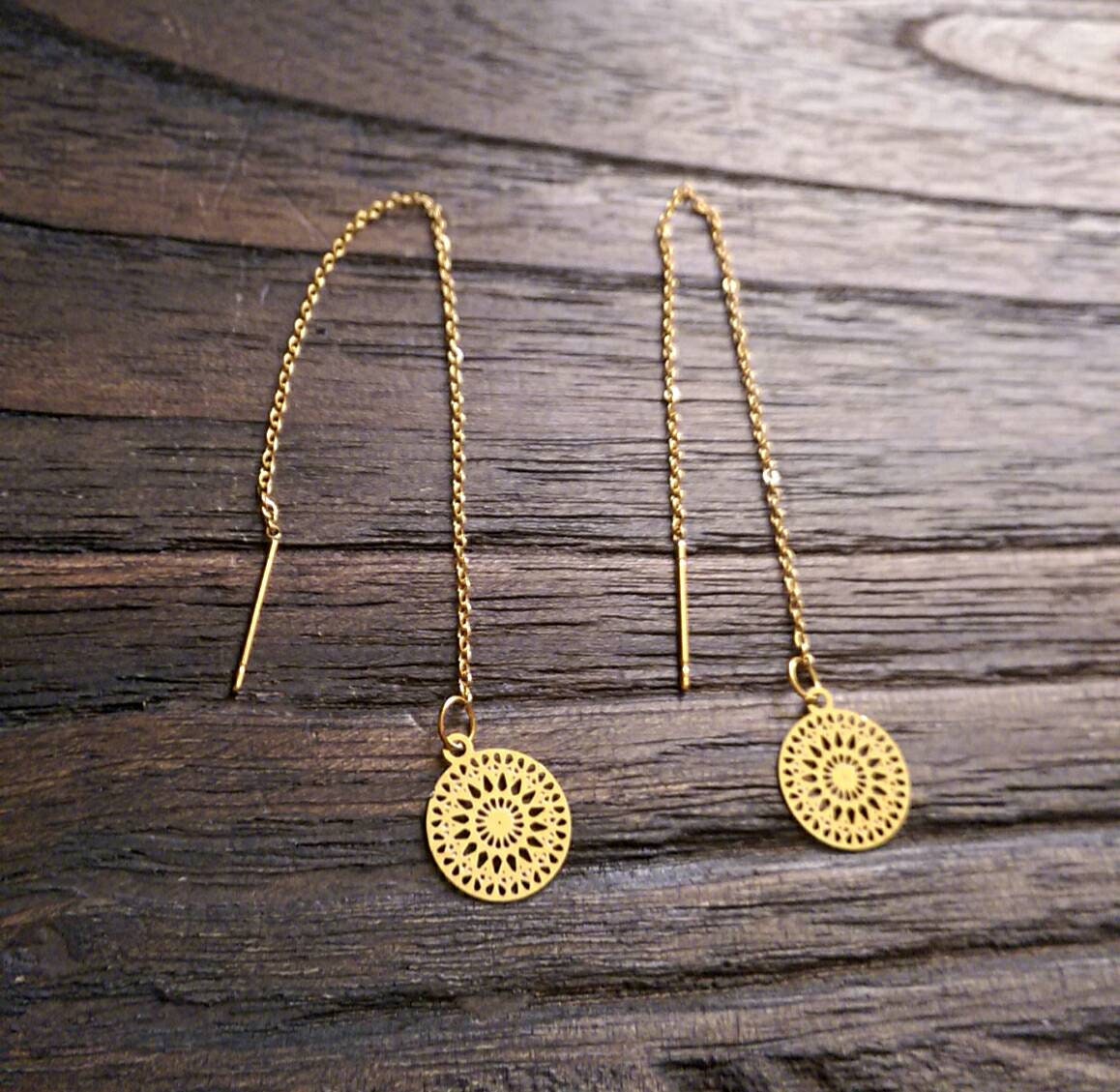 Circle Threaders, Filigree Gold Stainless Steel, Dangle Thread Earrings, Gold Thread Earrings.