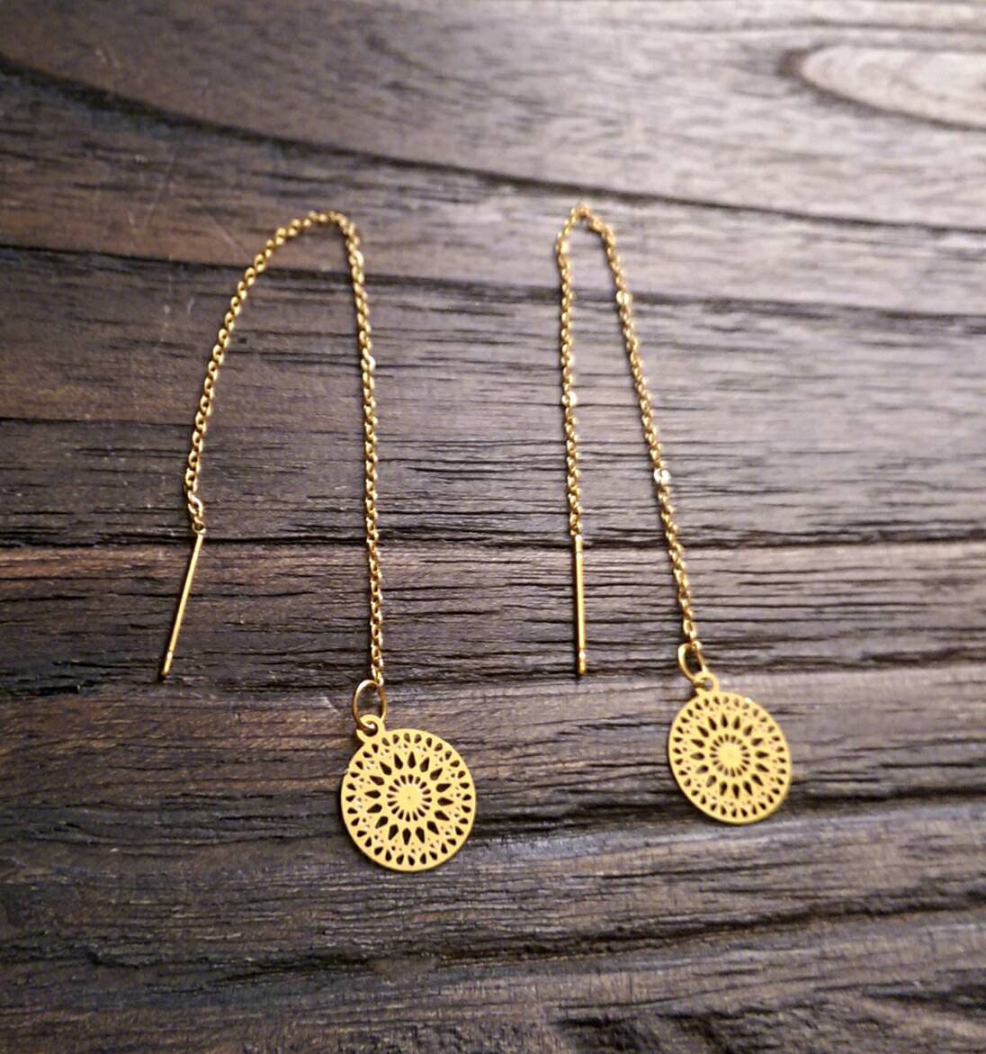 Circle Threaders, Filigree Gold Stainless Steel, Dangle Thread Earrings, Gold Thread Earrings.