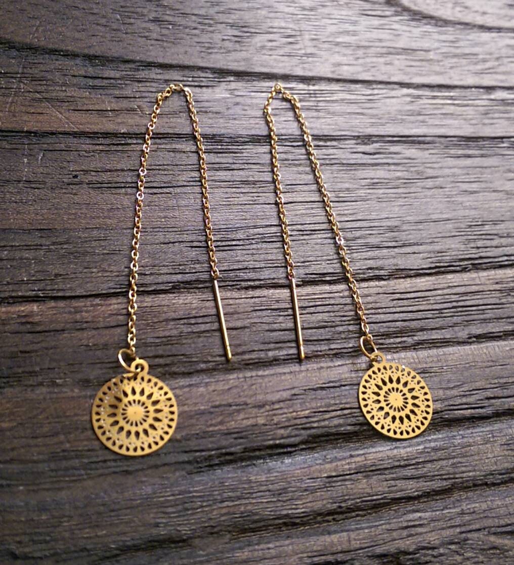 Circle Threaders, Filigree Gold Stainless Steel, Dangle Thread Earrings, Gold Thread Earrings.