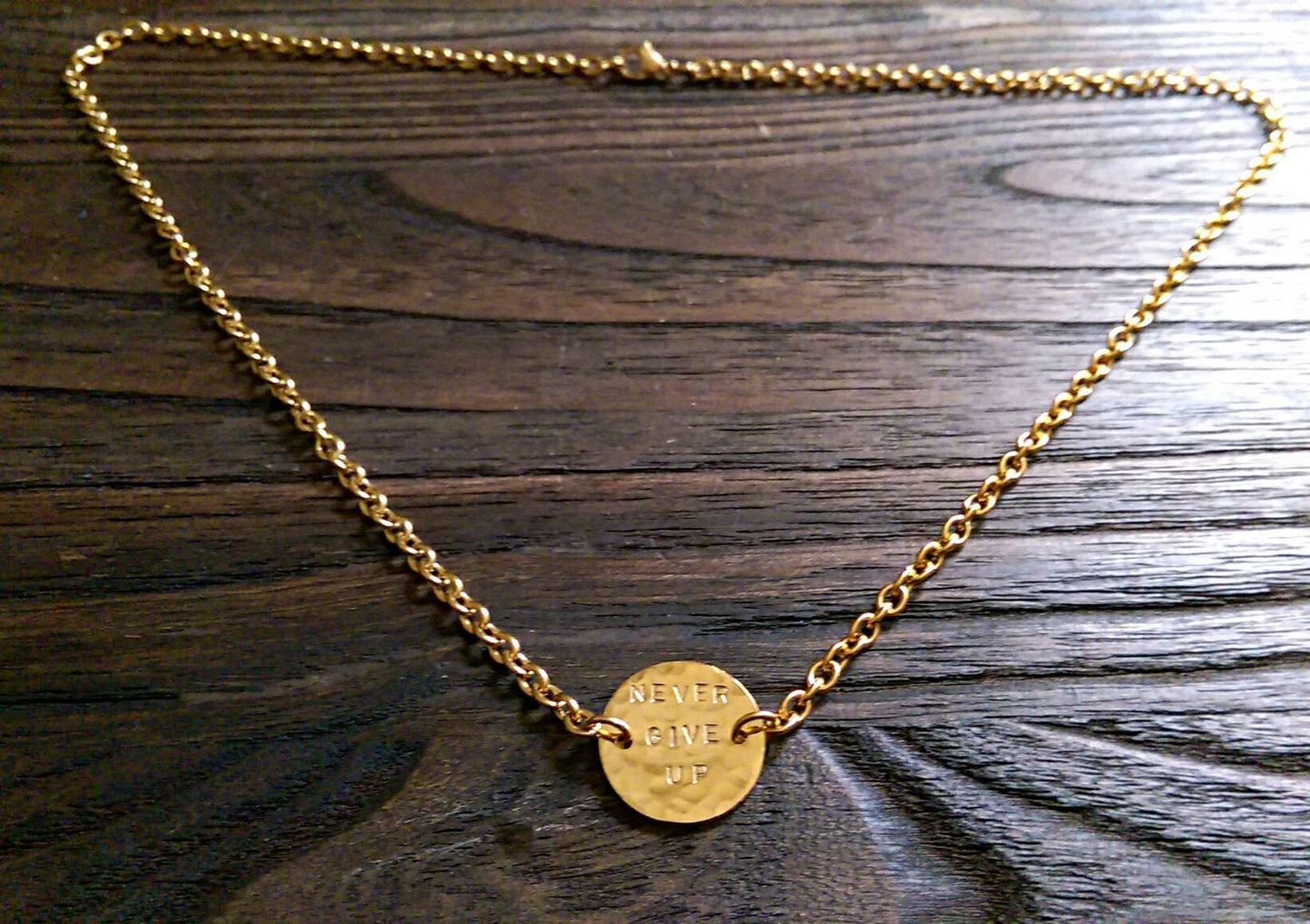 Hammered Pendant Necklace. Personalised Hand Stamped Necklace. Gold Stainless Steel Circle Necklace. Personalized Name Necklace