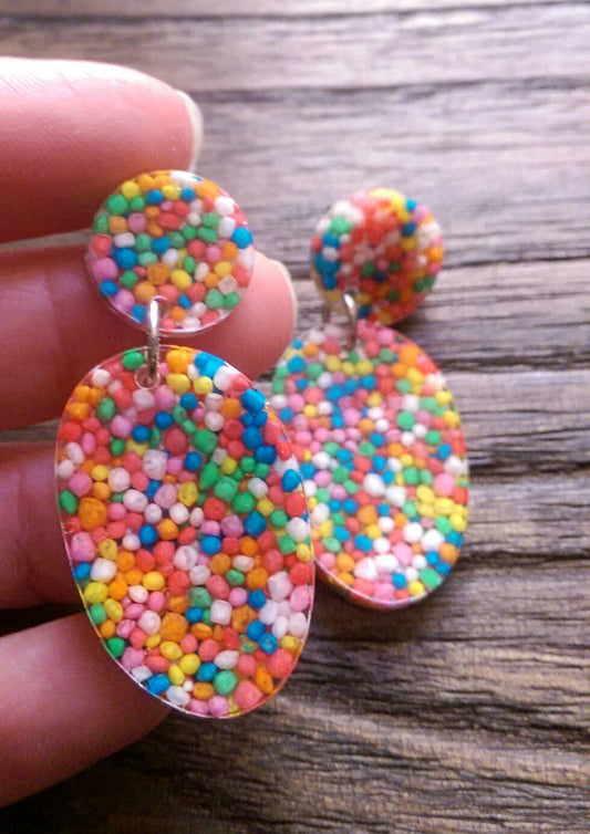 Statement Oval Long Candy Sprinkle Resin Dangle Earrings, Real 100s & 1000s Earrings, Stainless Steel Earrings.