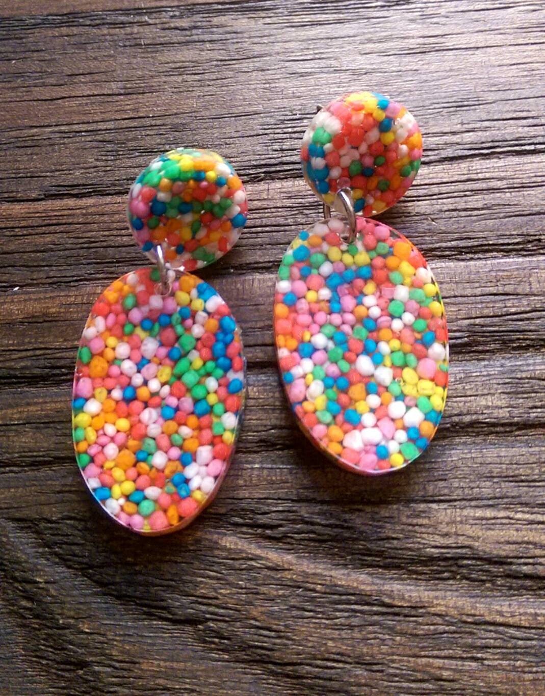 Statement Oval Long Candy Sprinkle Resin Dangle Earrings, Real 100s & 1000s Earrings, Stainless Steel Earrings.