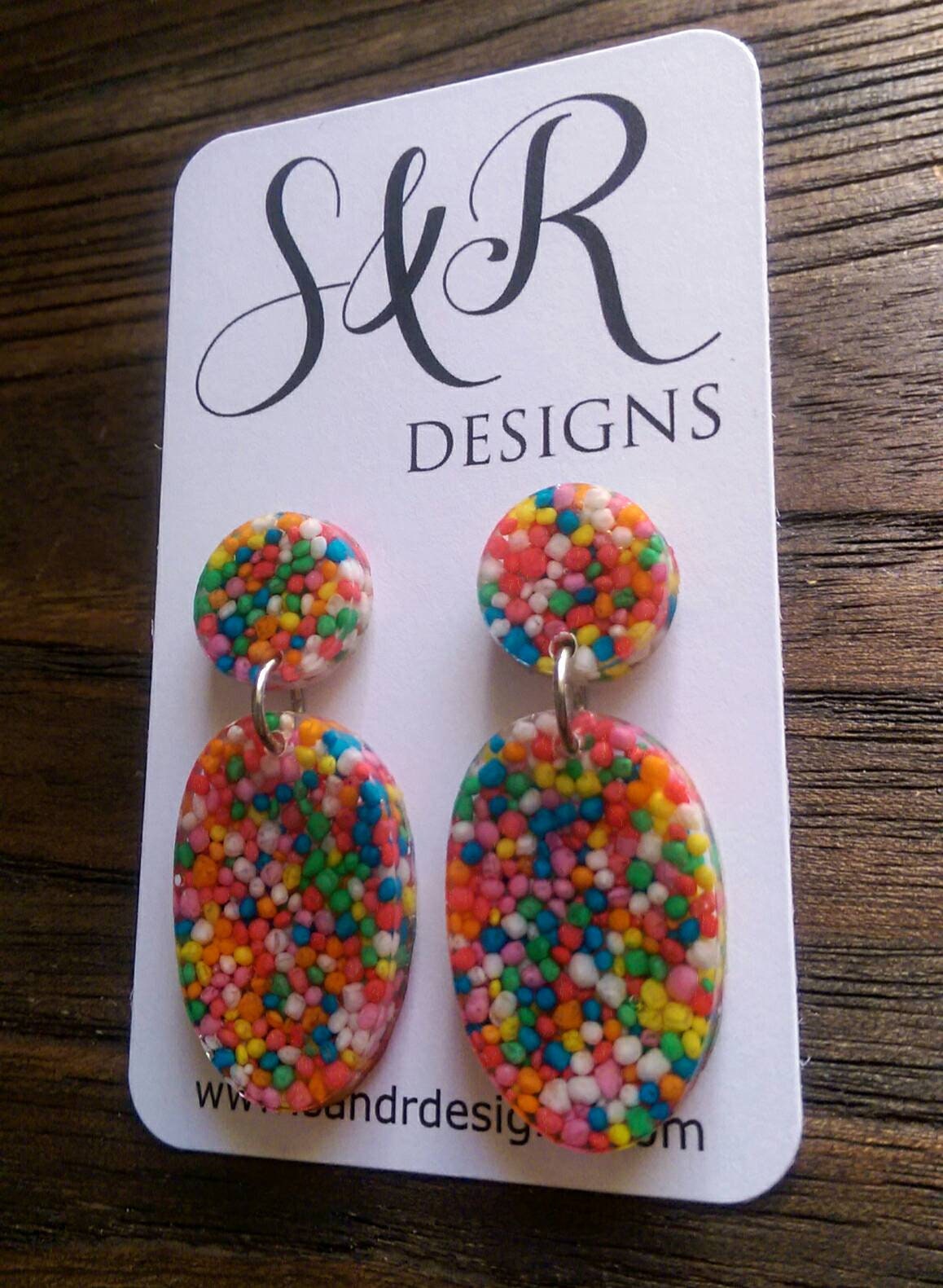 Statement Oval Long Candy Sprinkle Resin Dangle Earrings, Real 100s & 1000s Earrings, Stainless Steel Earrings.