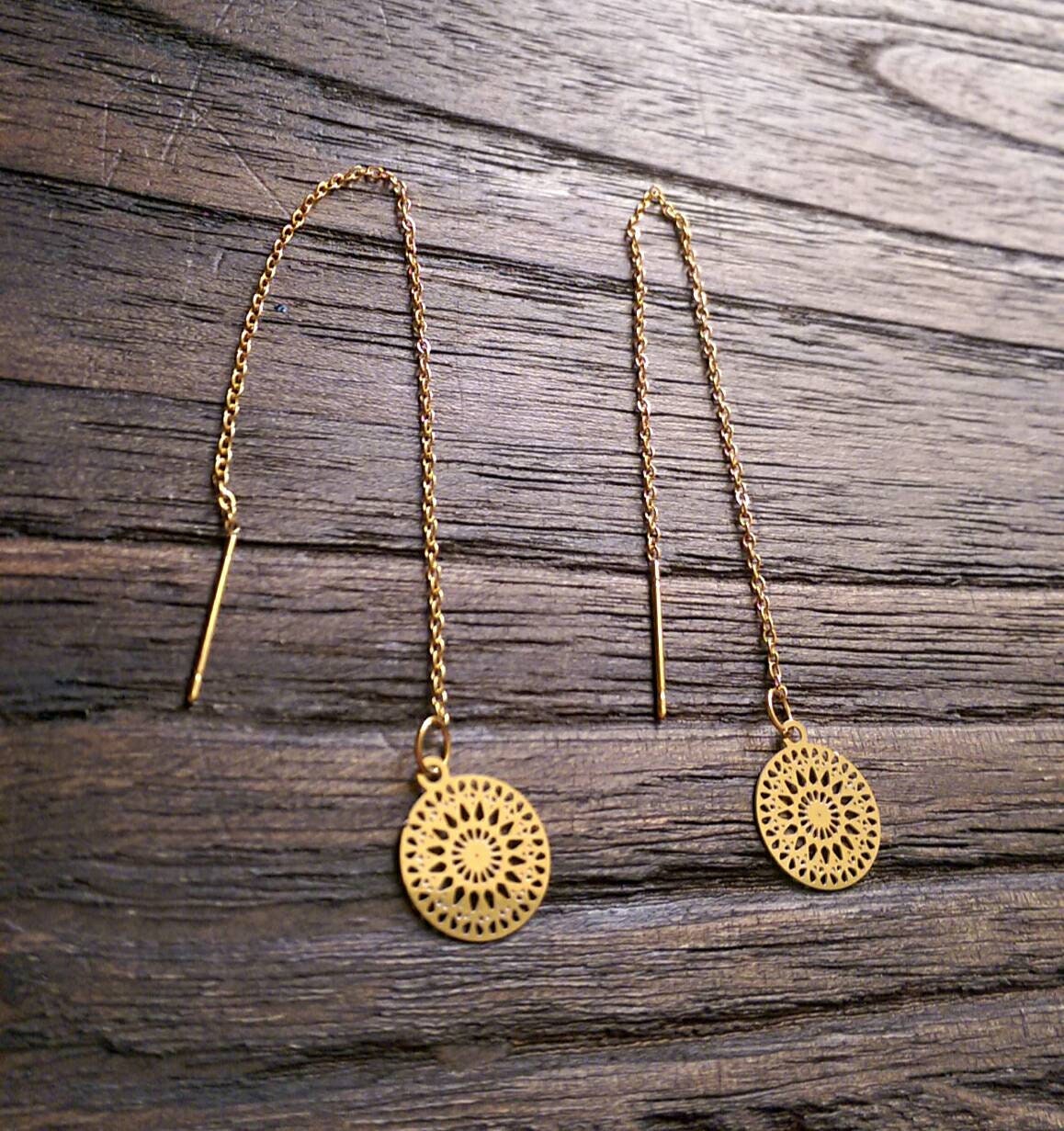 Circle Threaders, Filigree Gold Stainless Steel, Dangle Thread Earrings, Gold Thread Earrings.