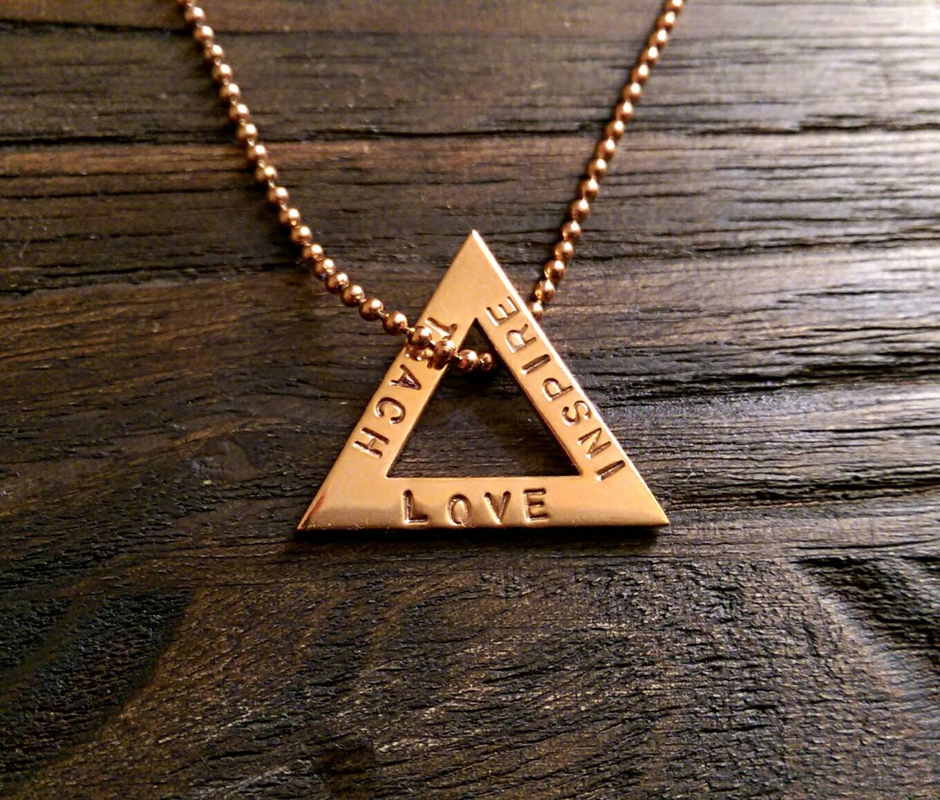 Teachers Necklace, Teach, Inspire, Love. Stainless Steel Personalized Hand Stamped, Triangle Necklace, Teachers Gift, Made Ready to Post