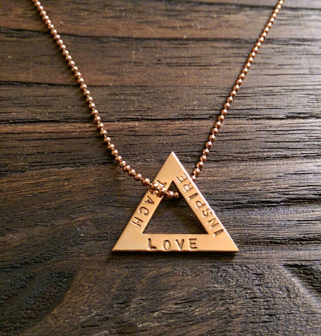 Teachers Necklace, Teach, Inspire, Love. Stainless Steel Personalized Hand Stamped, Triangle Necklace, Teachers Gift, Made Ready to Post