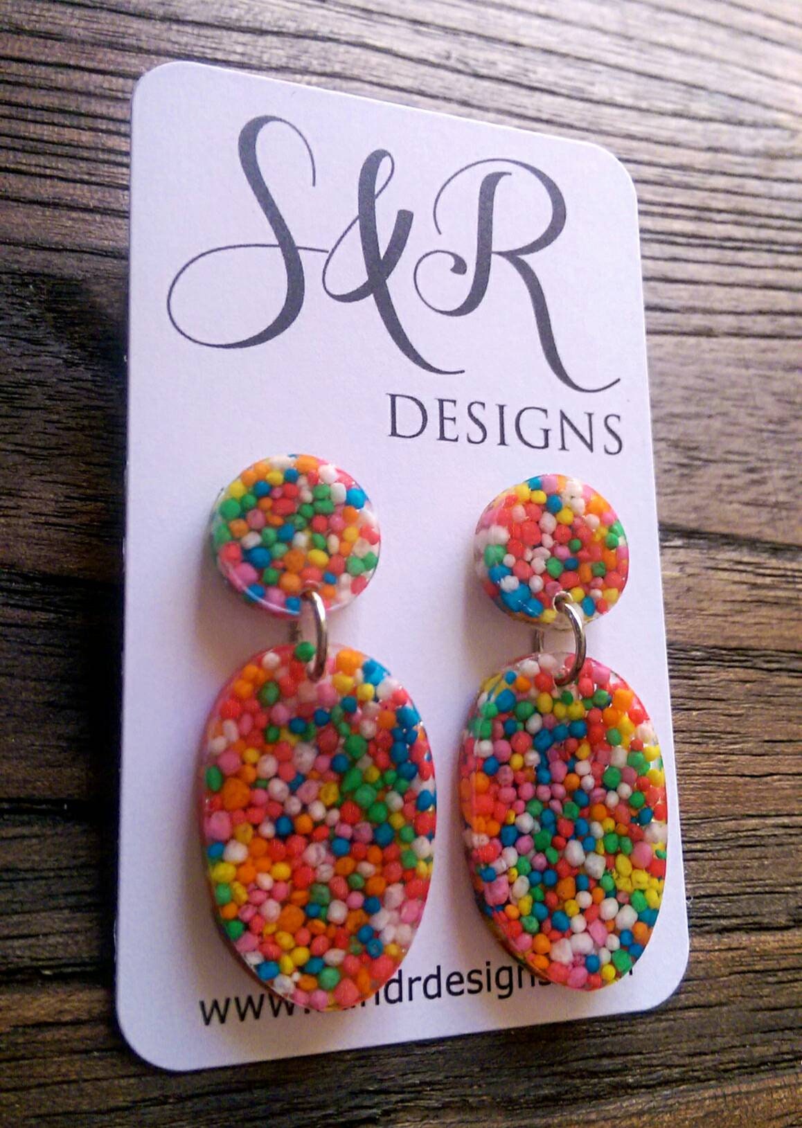 Statement Oval Long Candy Sprinkle Resin Dangle Earrings, Real 100s & 1000s Earrings, Stainless Steel Earrings.
