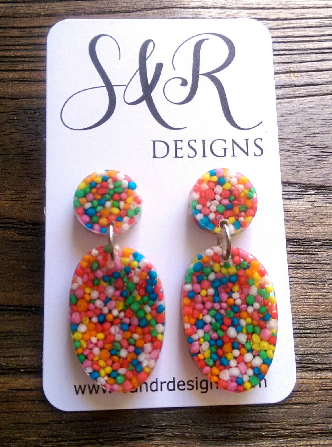 Statement Oval Long Candy Sprinkle Resin Dangle Earrings, Real 100s & 1000s Earrings, Stainless Steel Earrings.