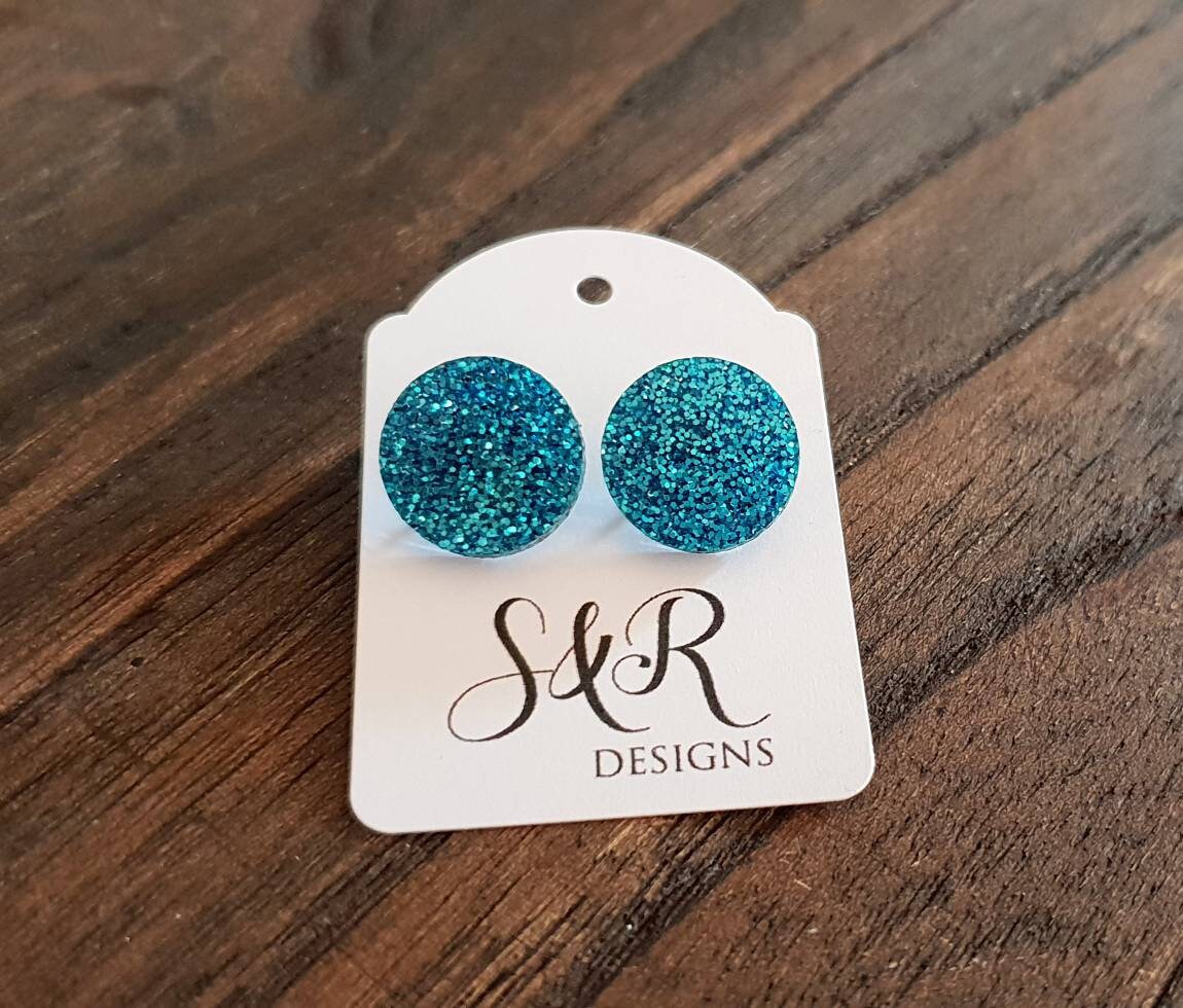 Aqua Blue Circle Studs, Blue Fine Glitter Circle Stud Earrings, Acrylic Earrings, Stainless Steel Earrings.