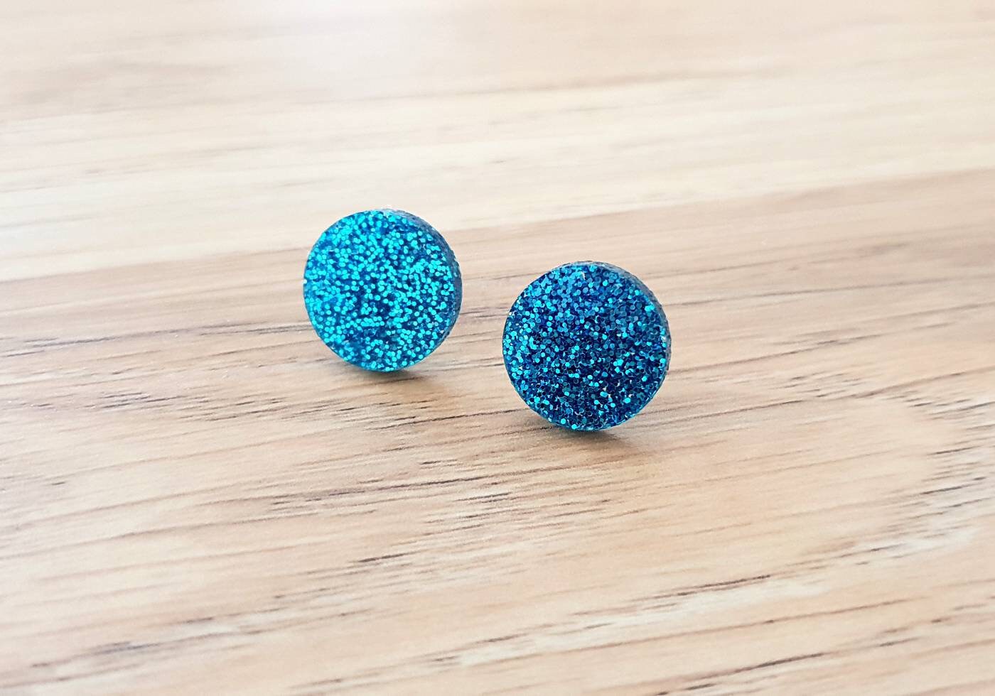 Aqua Blue Circle Studs, Blue Fine Glitter Circle Stud Earrings, Acrylic Earrings, Stainless Steel Earrings.