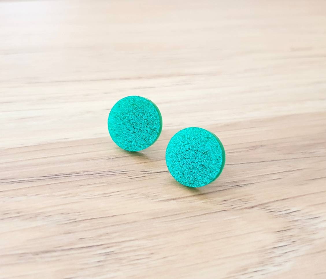 Turquoise Glitter Circle Stud Earrings, Acrylic Earrings, Stainless Steel Earrings.
