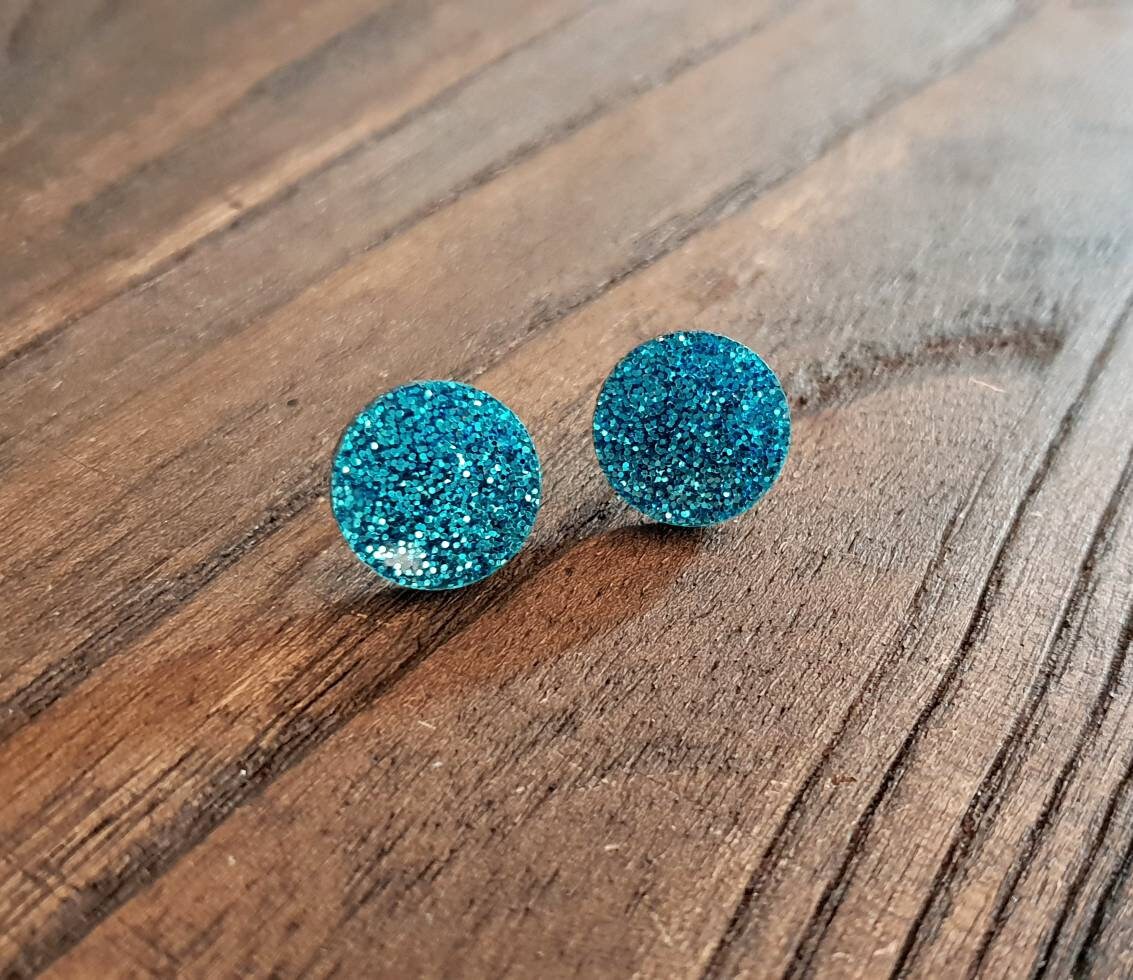 Aqua Blue Circle Studs, Blue Fine Glitter Circle Stud Earrings, Acrylic Earrings, Stainless Steel Earrings.