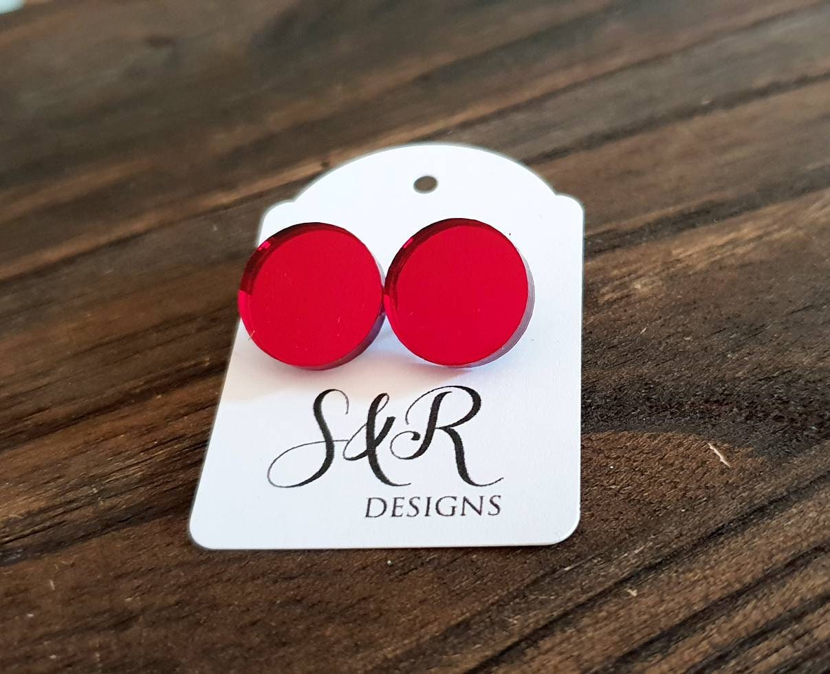 Burgandy Red Mirror Circle Stud Earrings, Acrylic Earrings, Stainless Steel Earrings.
