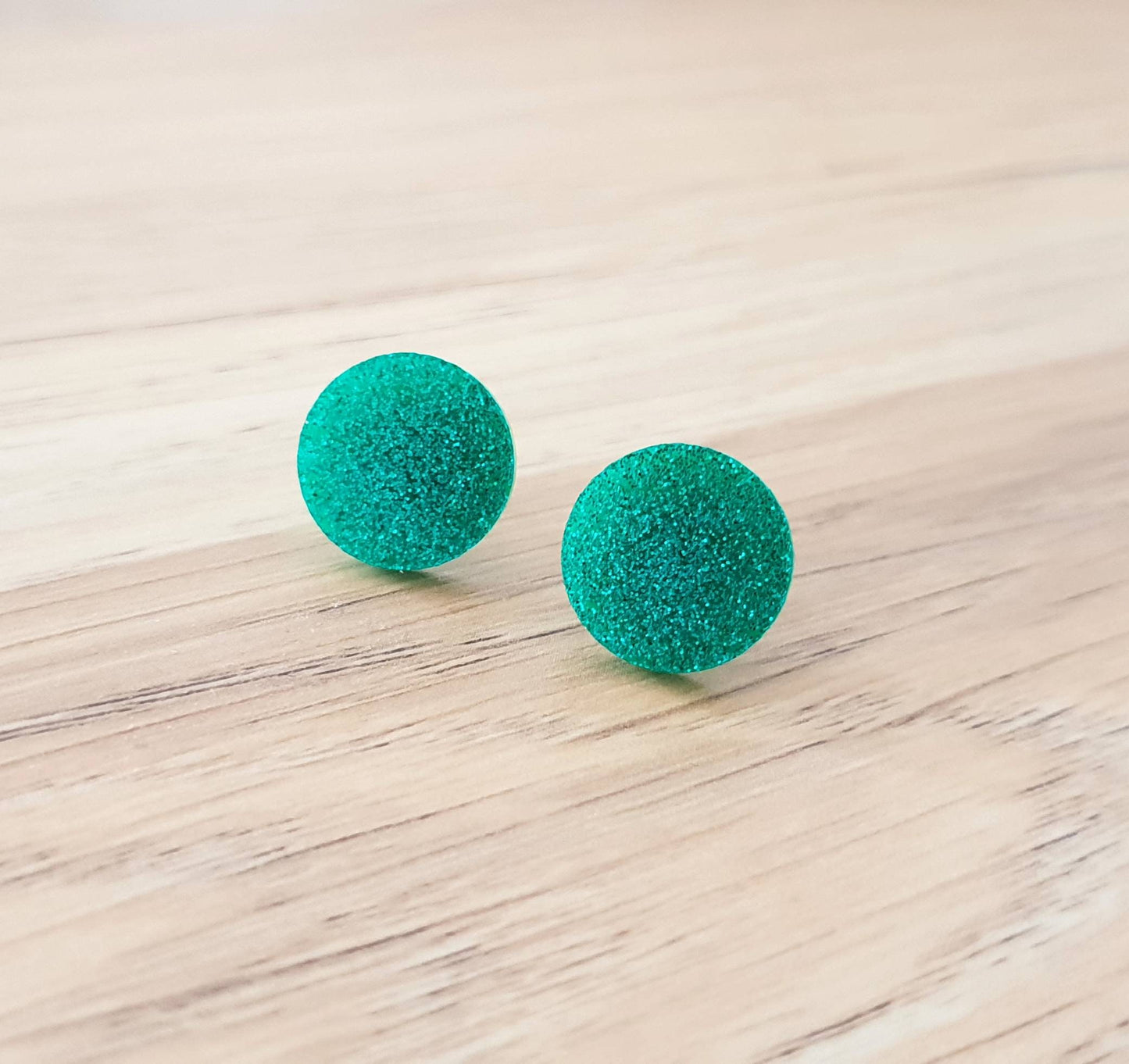 Turquoise Glitter Circle Stud Earrings, Acrylic Earrings, Stainless Steel Earrings.