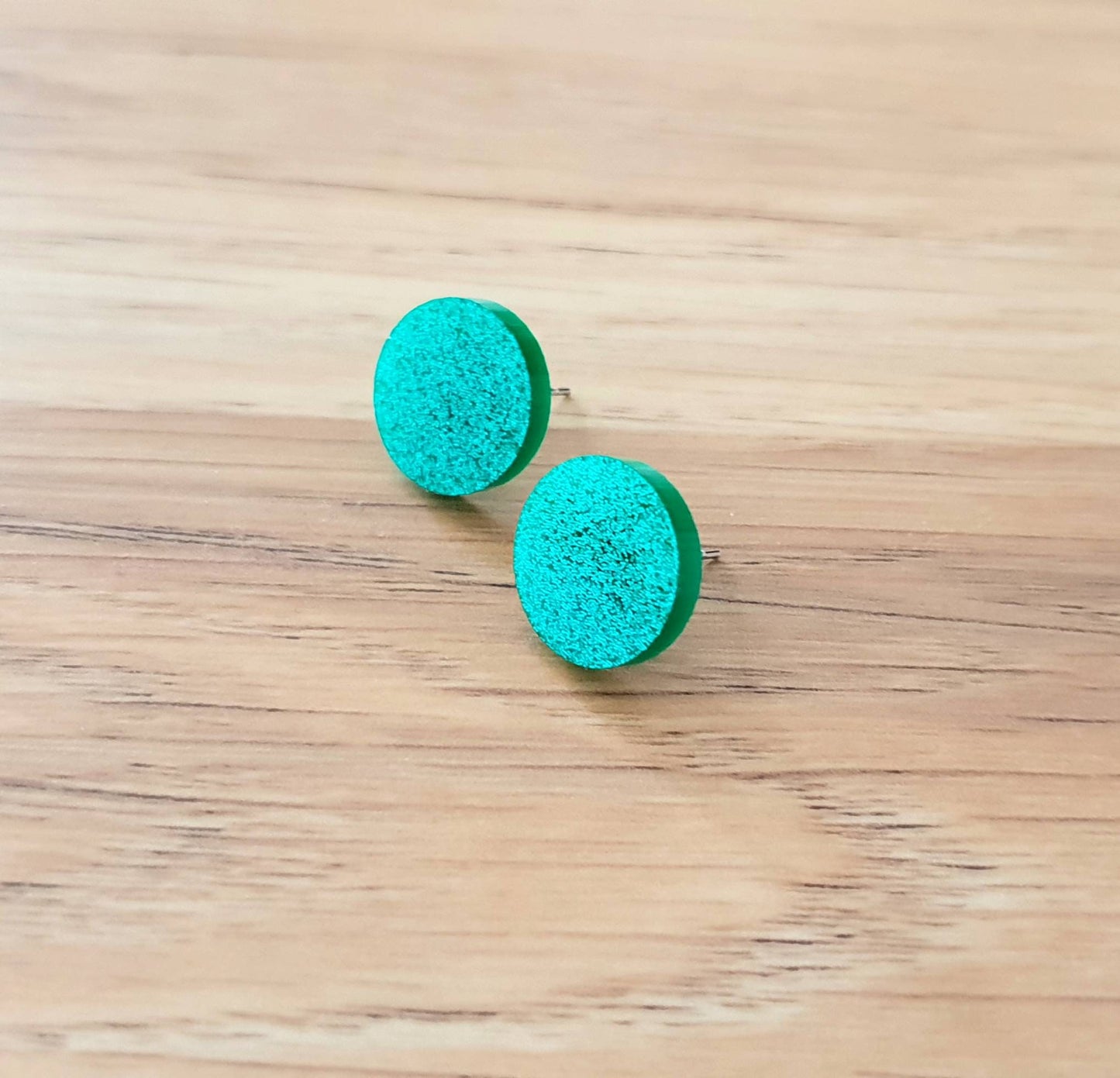Turquoise Glitter Circle Stud Earrings, Acrylic Earrings, Stainless Steel Earrings.