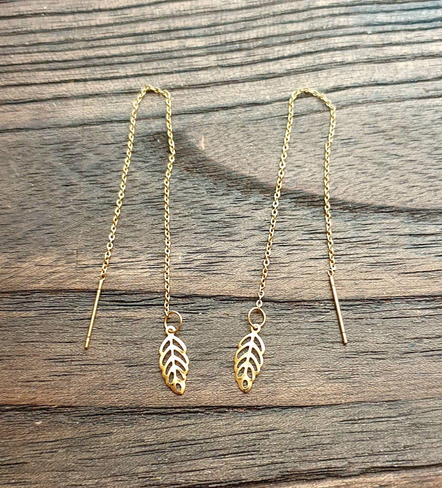 Tiny Dainty Leaf Threader Gold Earrings, Stainless Steel Dangle Choose Thread Earrings, Hook or Leverback Earrings.