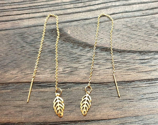 Tiny Dainty Leaf Threader Gold Earrings, Stainless Steel Dangle Choose Thread Earrings, Hook or Leverback Earrings.