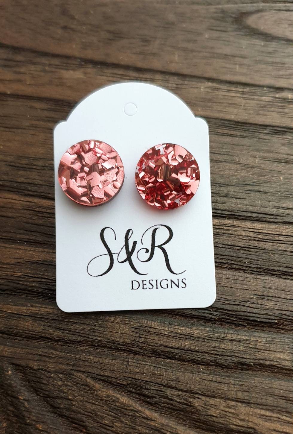 Rose Gold Chunky Glitter Circle Stud Earrings, Acrylic Earrings, Stainless Steel Earrings.