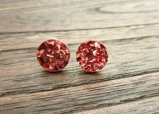 Rose Gold Chunky Glitter Circle Stud Earrings, Acrylic Earrings, Stainless Steel Earrings.