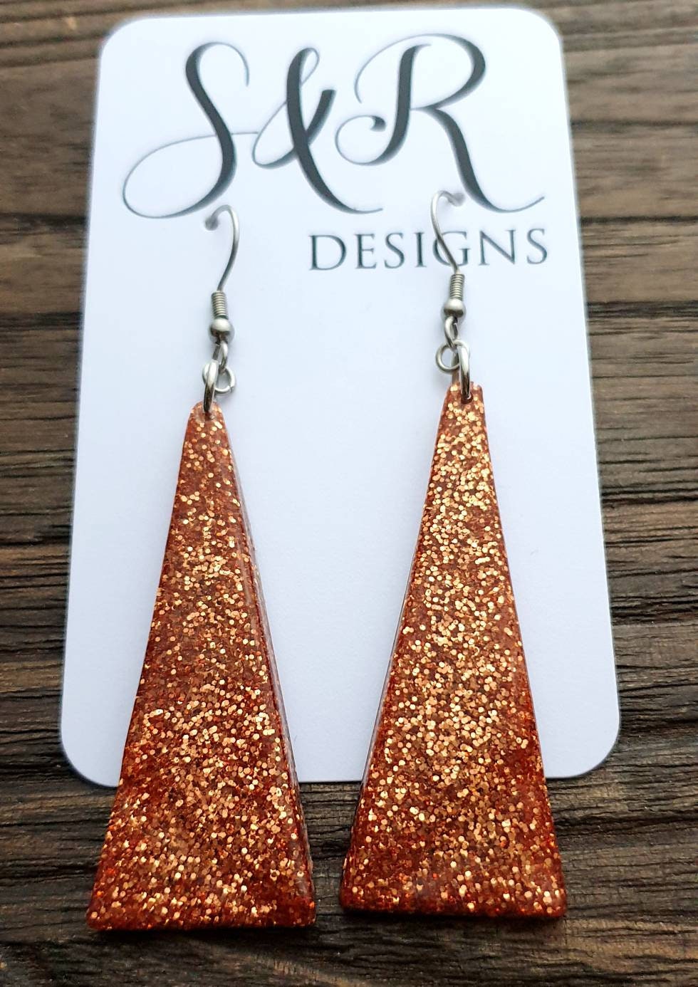 Sparkly Triangle Dangle Earrings made of Stainless Steel & Copper Glitter Resin.