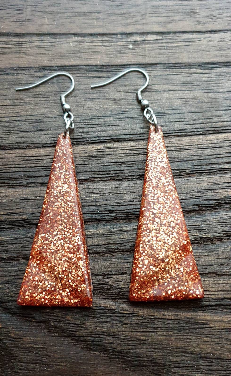 Sparkly Triangle Dangle Earrings made of Stainless Steel & Copper Glitter Resin.