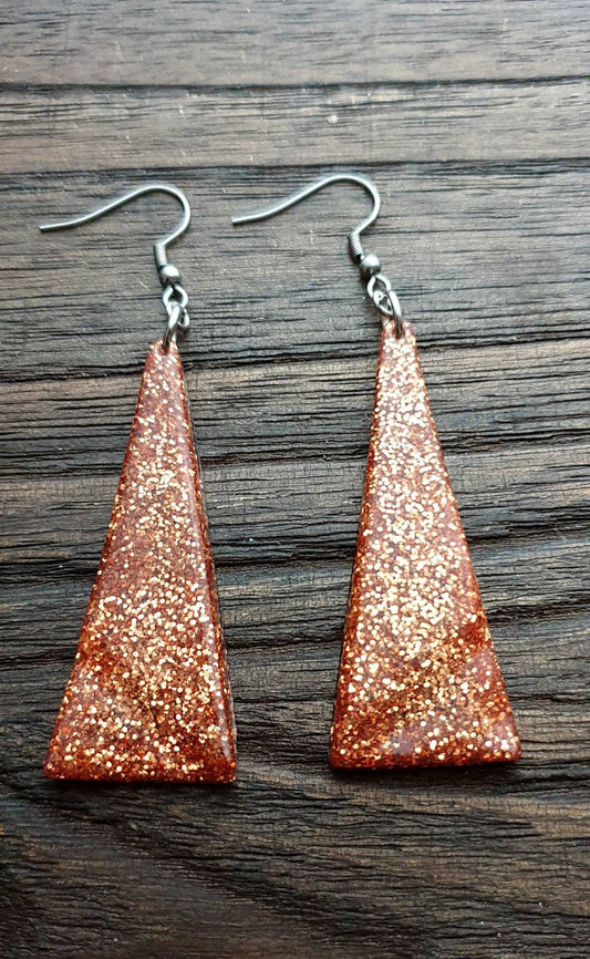Sparkly Triangle Dangle Earrings made of Stainless Steel & Copper Glitter Resin.