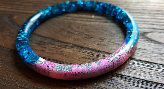 Resin Bangle Blue Silver Leaf, Glitter, Pink Ink 66mm Diameter