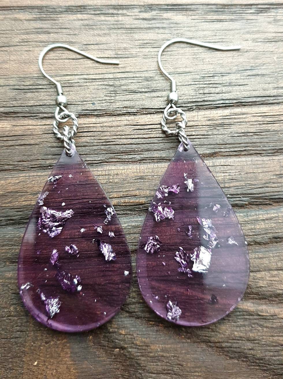 Silver Leaf mixed Purple Resin Teardrop Dangle Statement Earrings