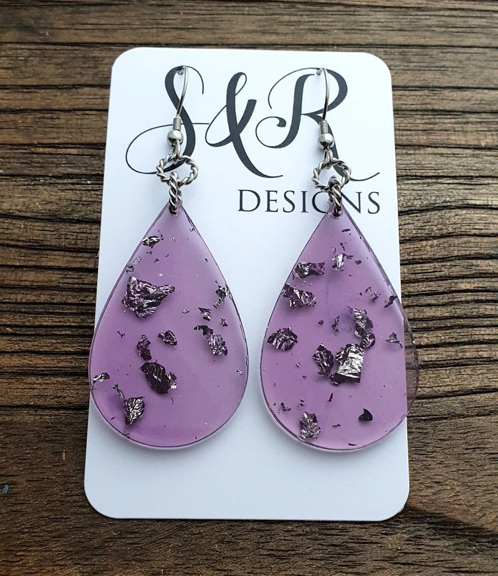 Silver Leaf mixed Purple Resin Teardrop Dangle Statement Earrings