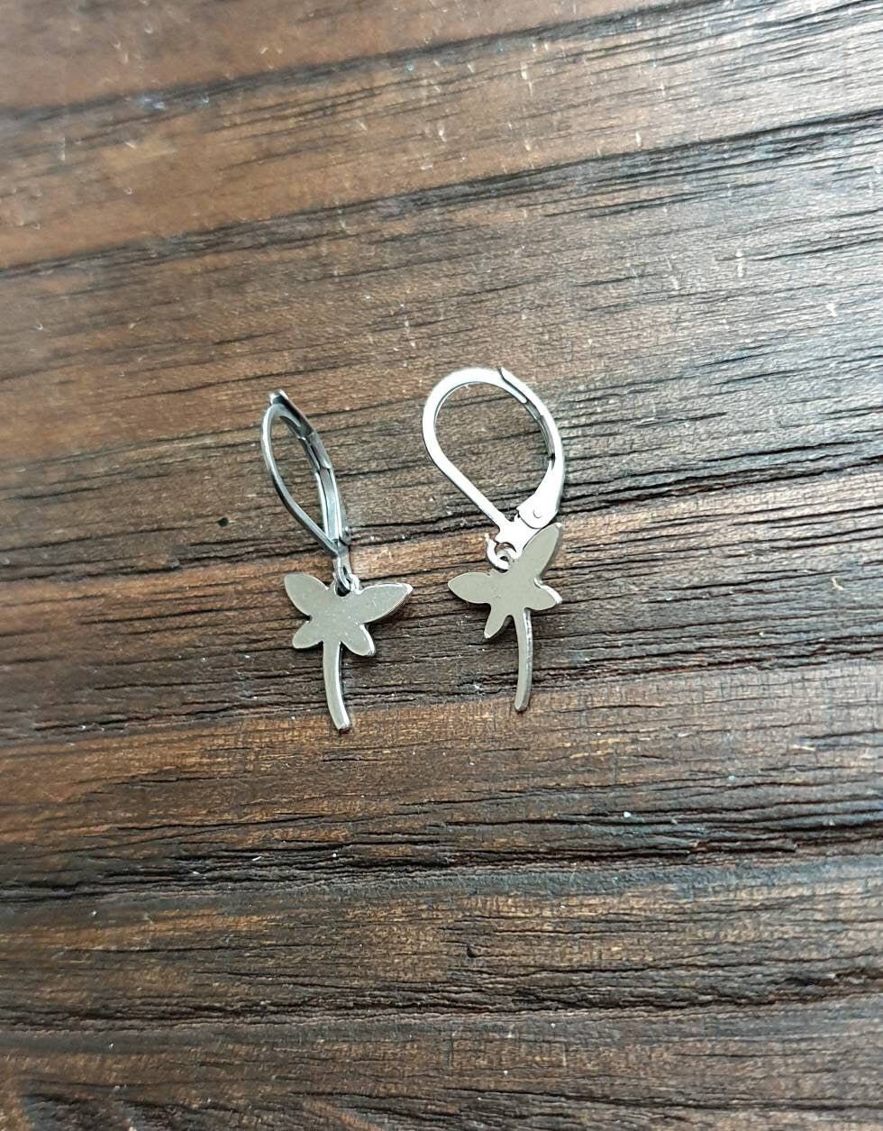 Tiny Dragonfly Leverback Earrings, Stainless Steel, Choose  Leverback, Threaders or Hook Earrings.