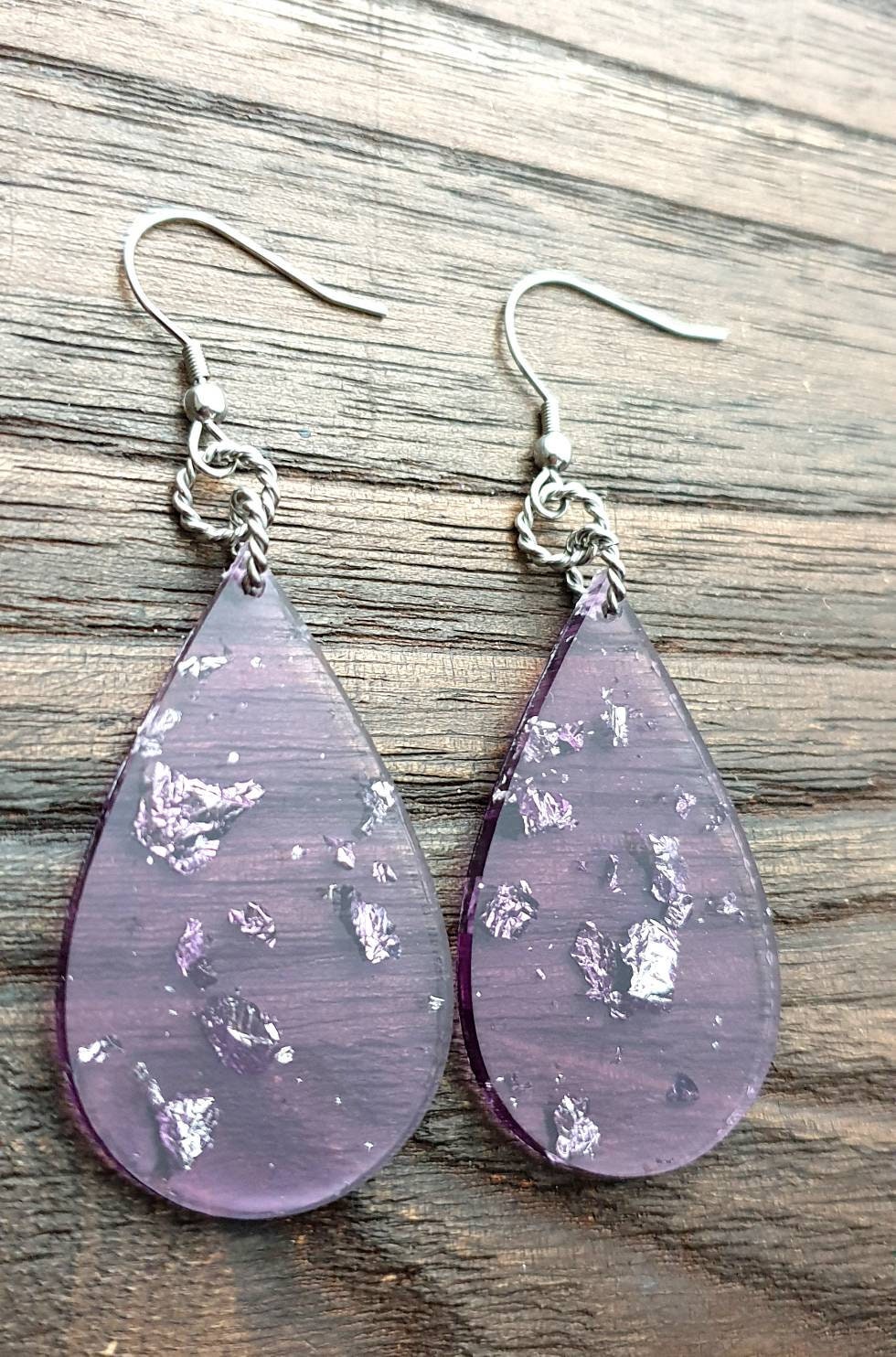 Silver Leaf mixed Purple Resin Teardrop Dangle Statement Earrings