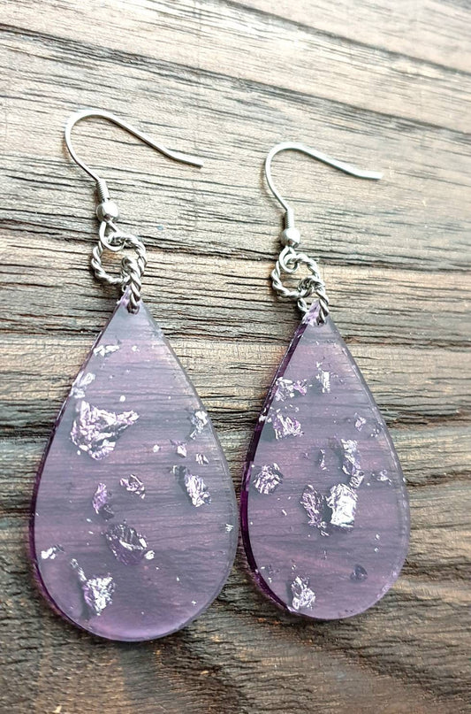 Silver Leaf mixed Purple Resin Teardrop Dangle Statement Earrings