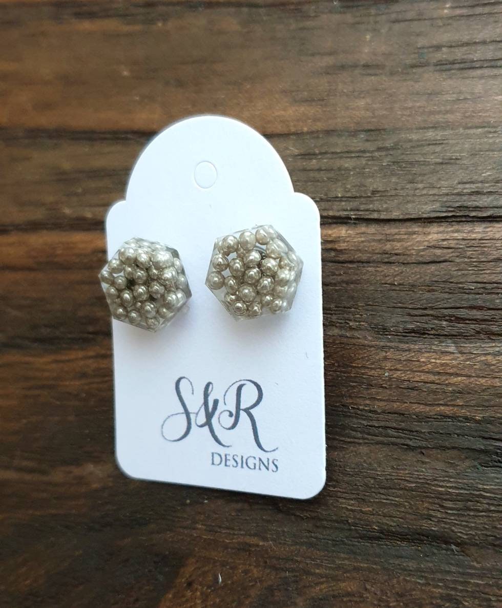 Hexagon Stud Earrings, Resin Silver Candy Earrings. Stainless Steel Stud Earrings. 10mm