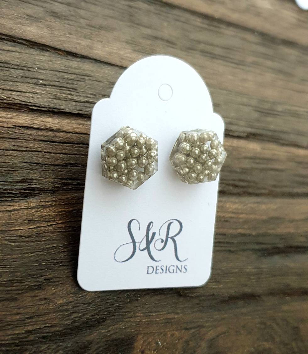 Hexagon Stud Earrings, Resin Silver Candy Earrings. Stainless Steel Stud Earrings. 10mm