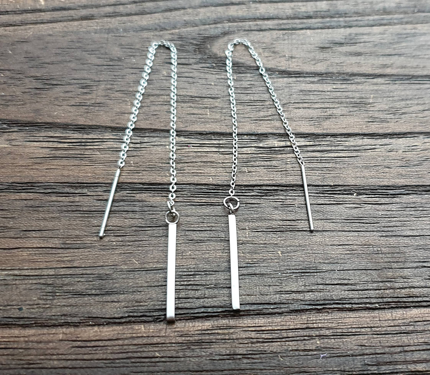 Gold Bar Threader Earrings, Stainless Steel Long Bar Dangles. Choose Silver or Gold