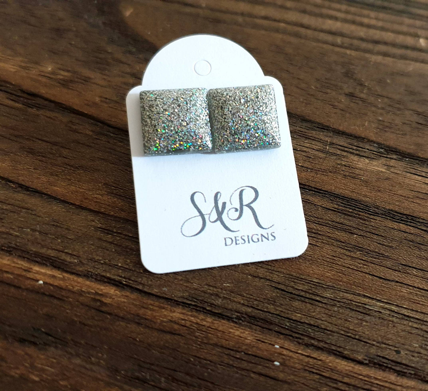 Silver Square Resin Stud Earrings, Holographic Glitter Square Minimalist Earrings made with Stainless Steel. 12mm