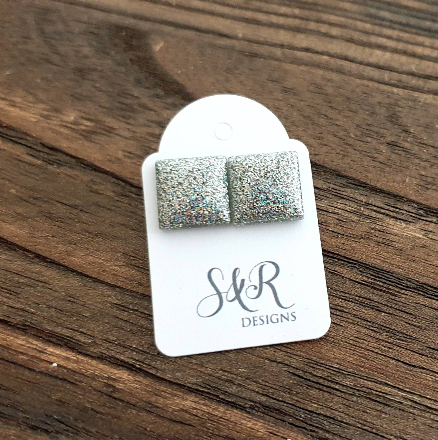 Silver Square Resin Stud Earrings, Holographic Glitter Square Minimalist Earrings made with Stainless Steel. 12mm