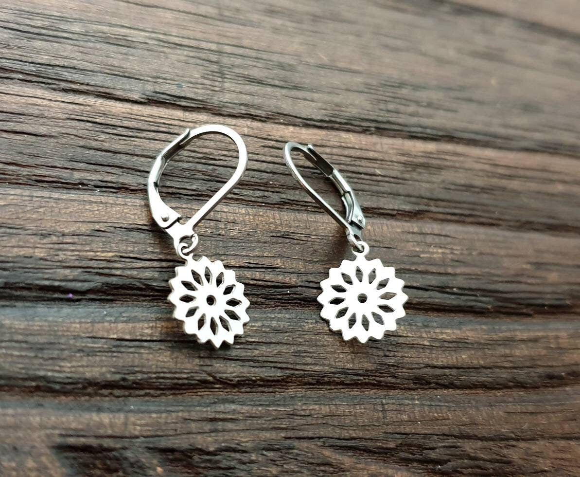Flower Leverback Earrings, Filigree Flower, Silver Stainless Steel, Choose Hook Earrings, Leverback Earrings or Threaders, Lightweight