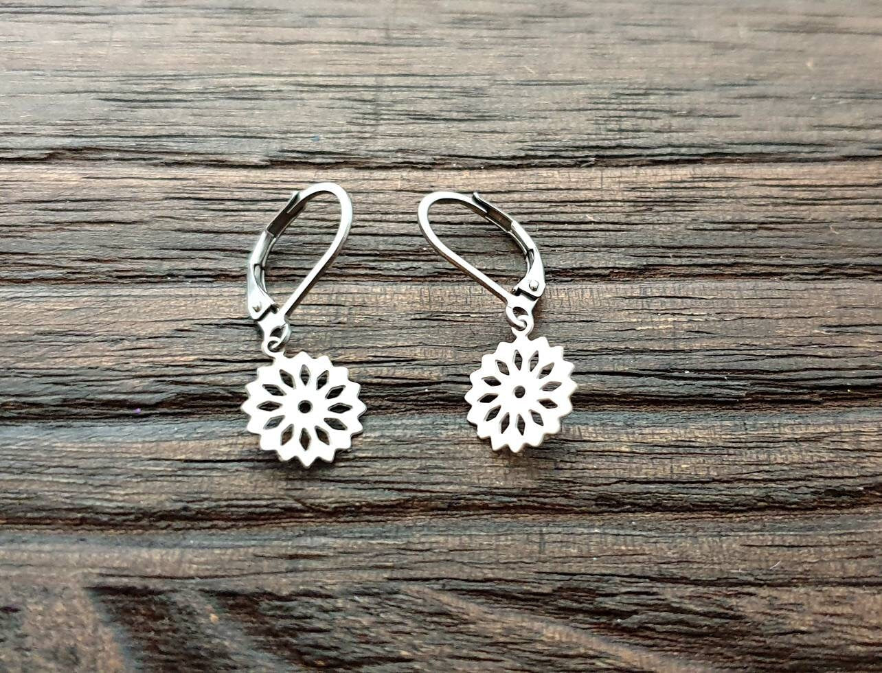 Flower Leverback Earrings, Filigree Flower, Silver Stainless Steel, Choose Hook Earrings, Leverback Earrings or Threaders, Lightweight