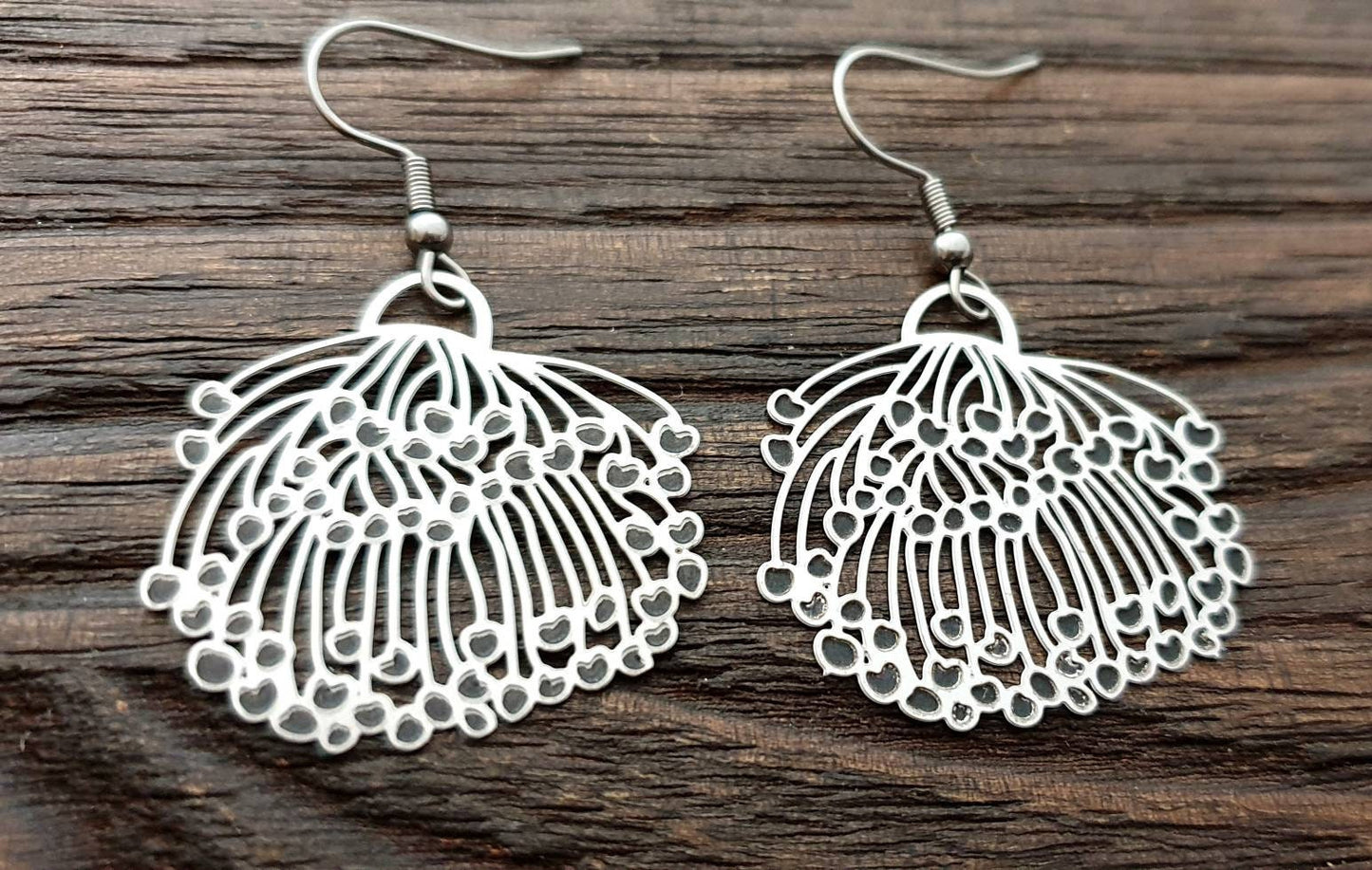 Blossom Flower Dangle Earrings, Large Blossom Design Earrings, Stainless Steel Hook Earrings