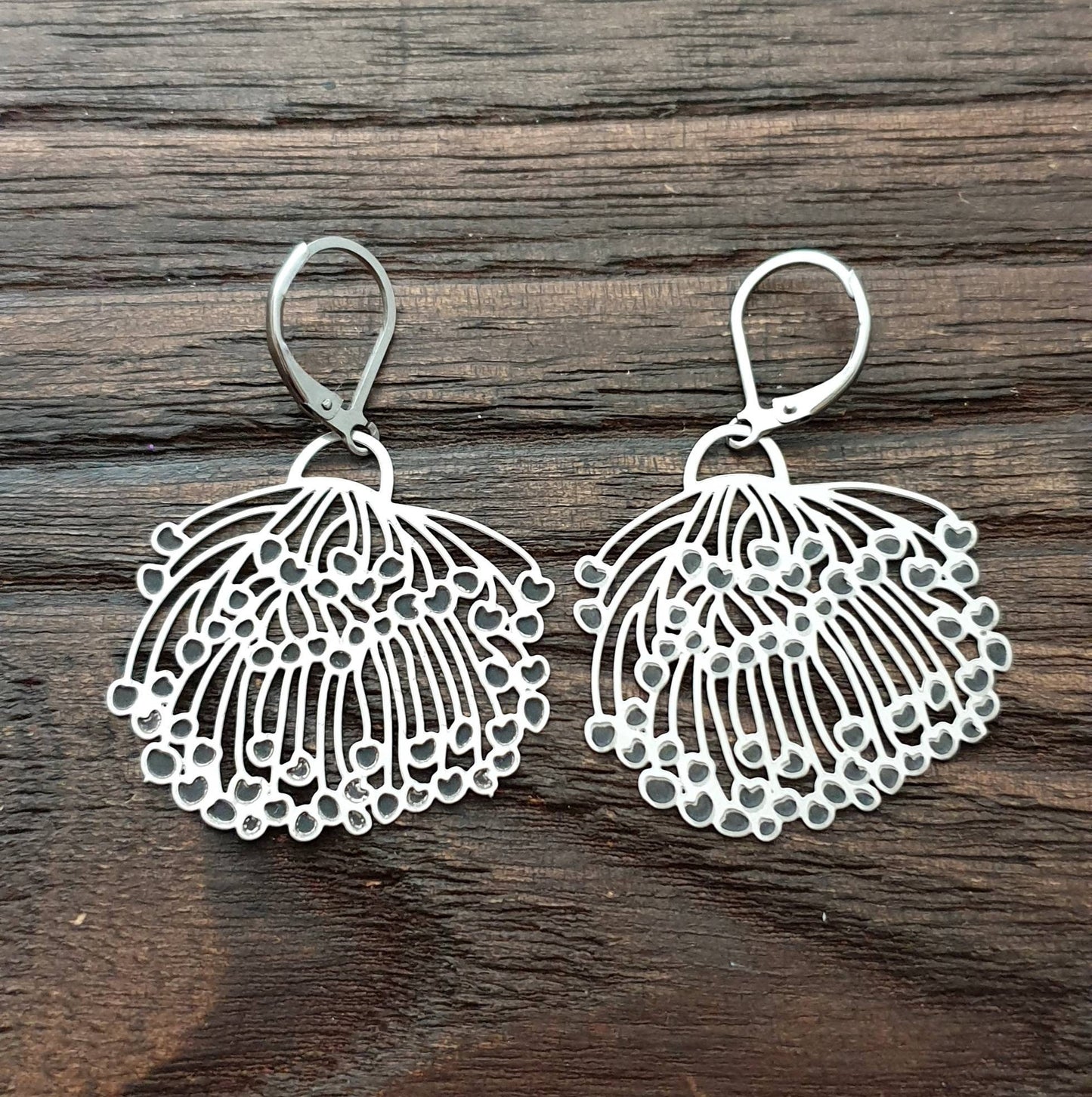 Blossom Flower Dangle Earrings, Large Blossom Design Earrings, Stainless Steel Hook Earrings