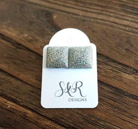 Silver Square Resin Stud Earrings, Holographic Glitter Square Minimalist Earrings made with Stainless Steel. 12mm