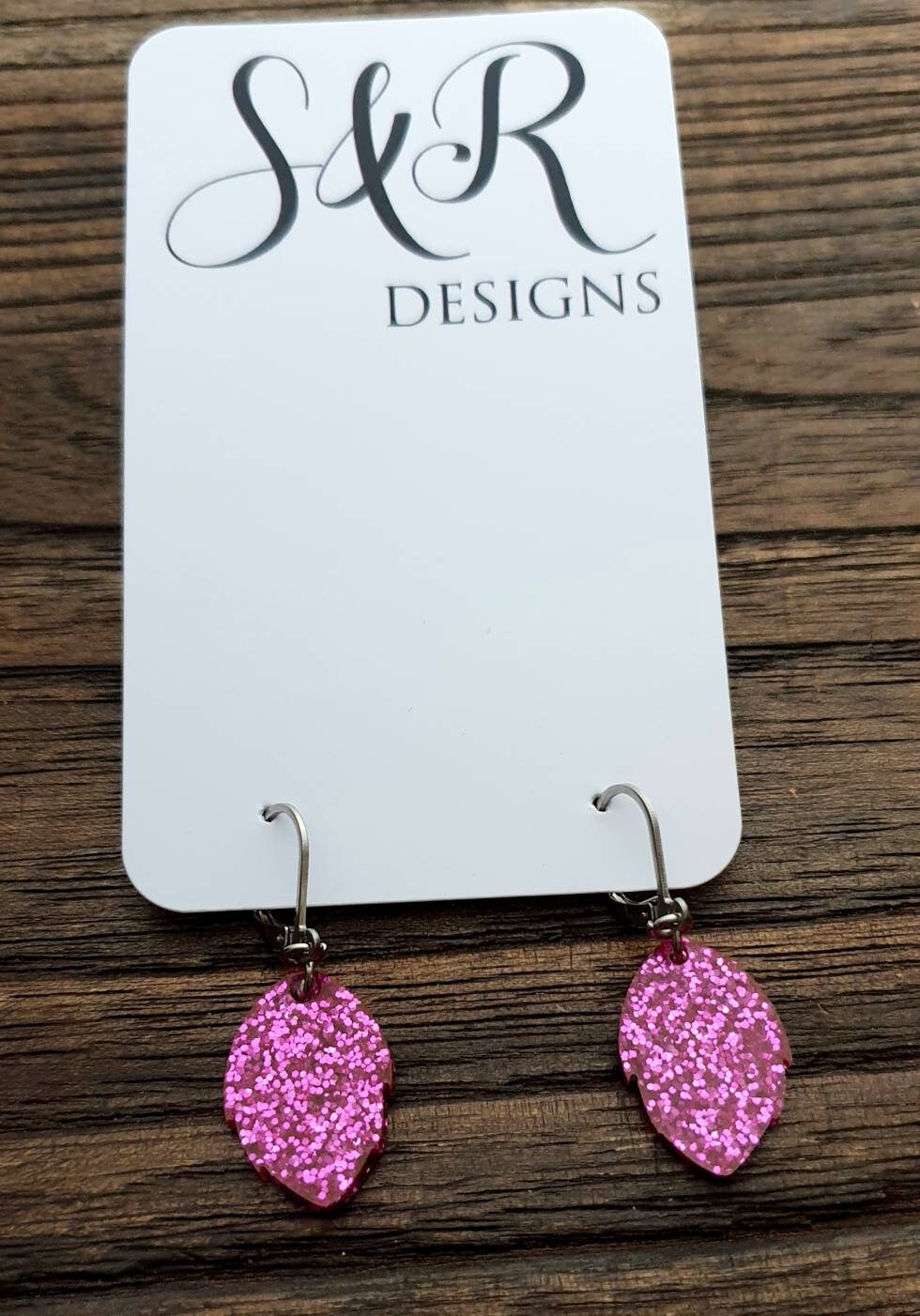 Pink Leaves Leverback Earrings, Glitter Pink Resin Drops. Minimalist Design.
