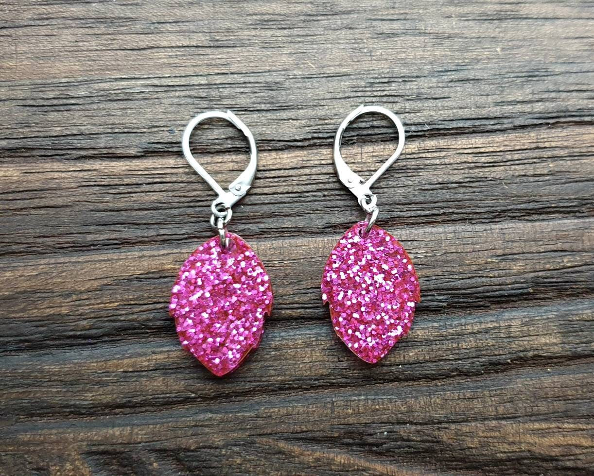 Pink Leaves Leverback Earrings, Glitter Pink Resin Drops. Minimalist Design.