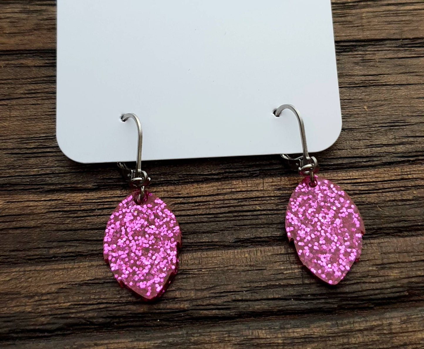 Pink Leaves Leverback Earrings, Glitter Pink Resin Drops. Minimalist Design.