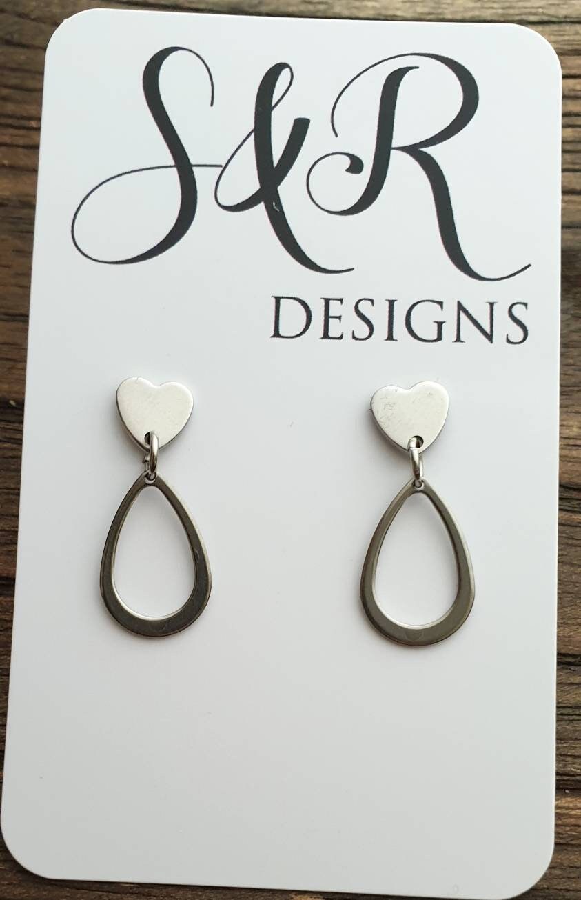 Teardrop Heart Dangle Earrings, Stainless Steel Dangles
