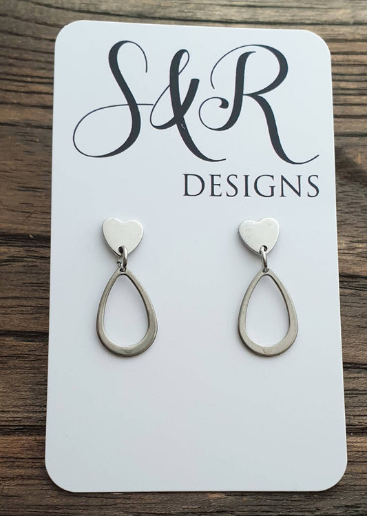 Teardrop Heart Dangle Earrings, Stainless Steel Dangles