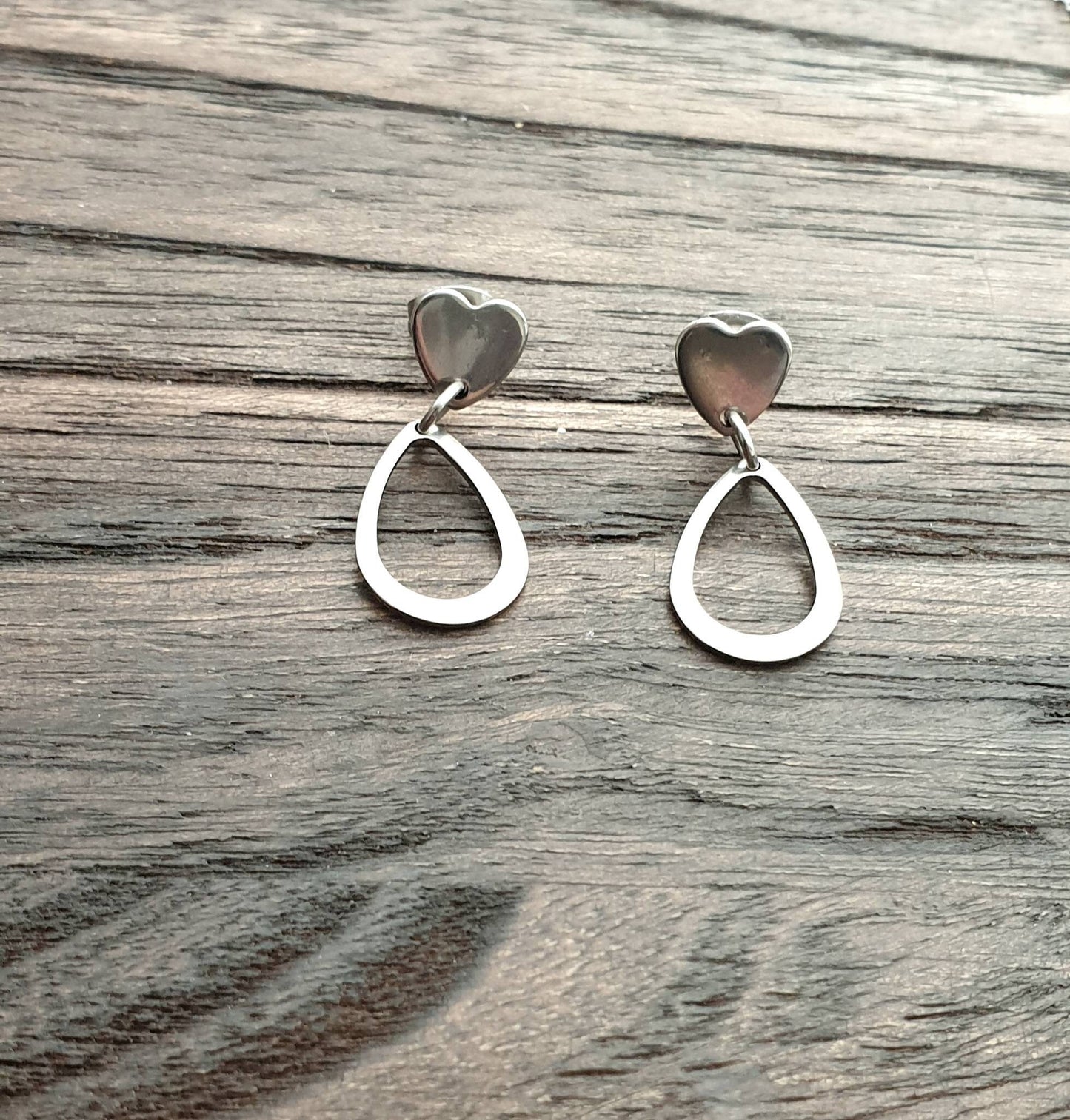 Teardrop Heart Dangle Earrings, Stainless Steel Dangles