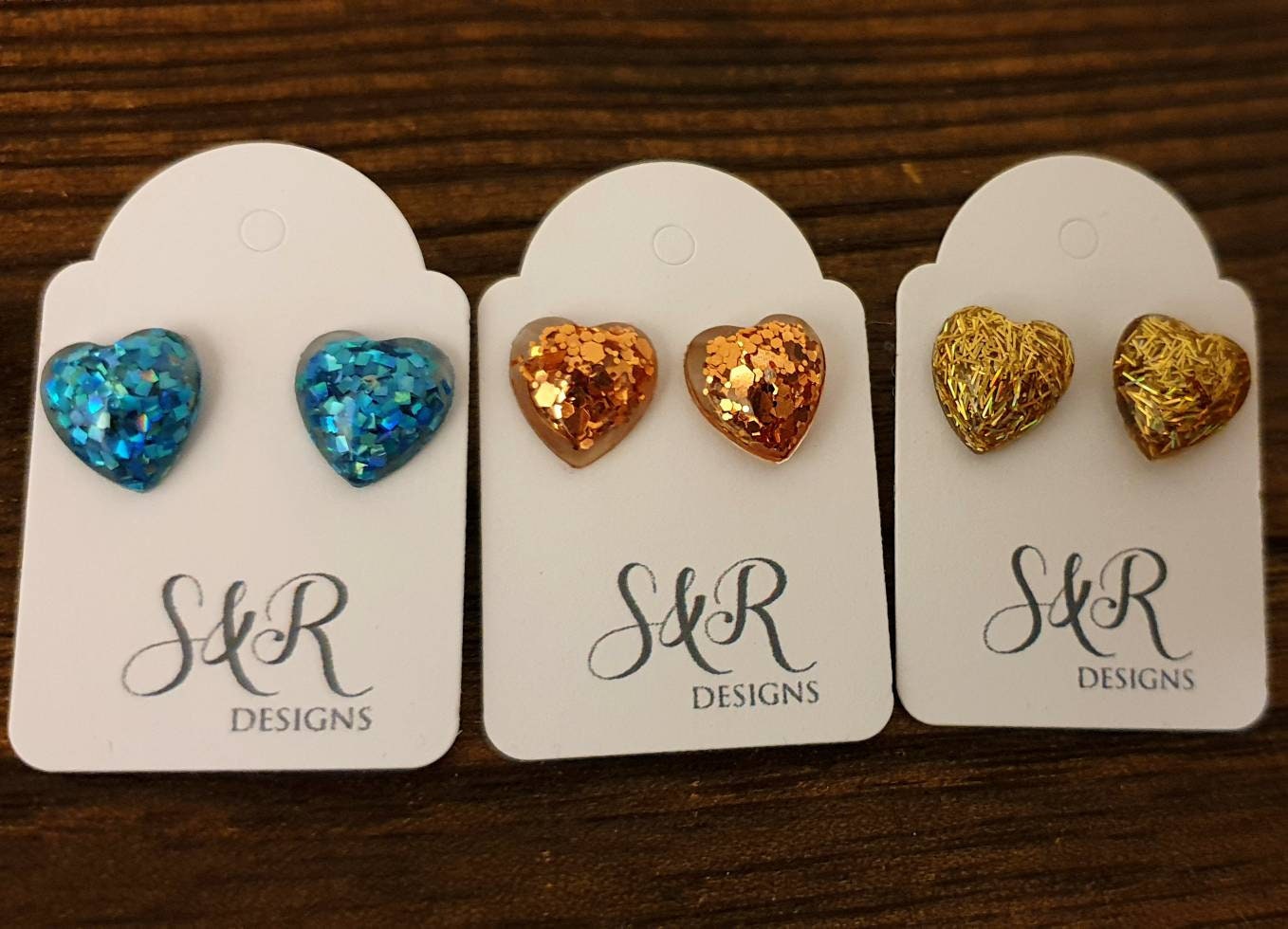 Heart Shaped Stud Earrings, Handmade resin mixed with glitter. Choose a colour